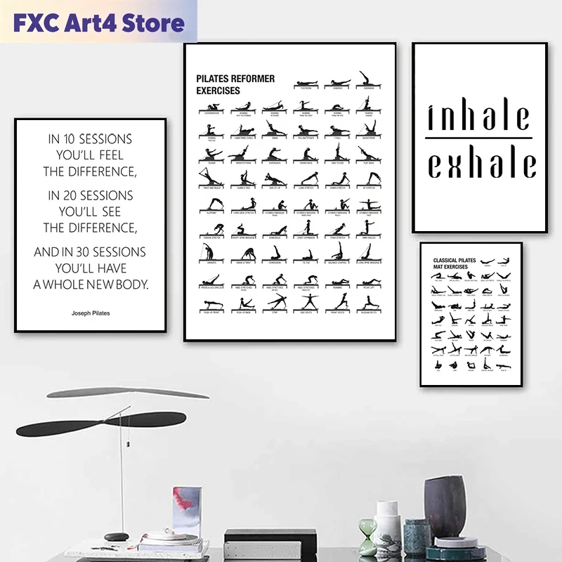 Pilates Yoga Gym - โปสเตอร์แผนภาพการออกกำลังกายพิลาทิสแบบไร้กรอบ พิมพ์บนผ้าแคนวาส ตกแต่งผนังห้องโยคะ ของขวัญสำหรับพิลาทิส คู่มือการเพาะกาย ภาพวาดสำหรับฟิตเนสและยิม