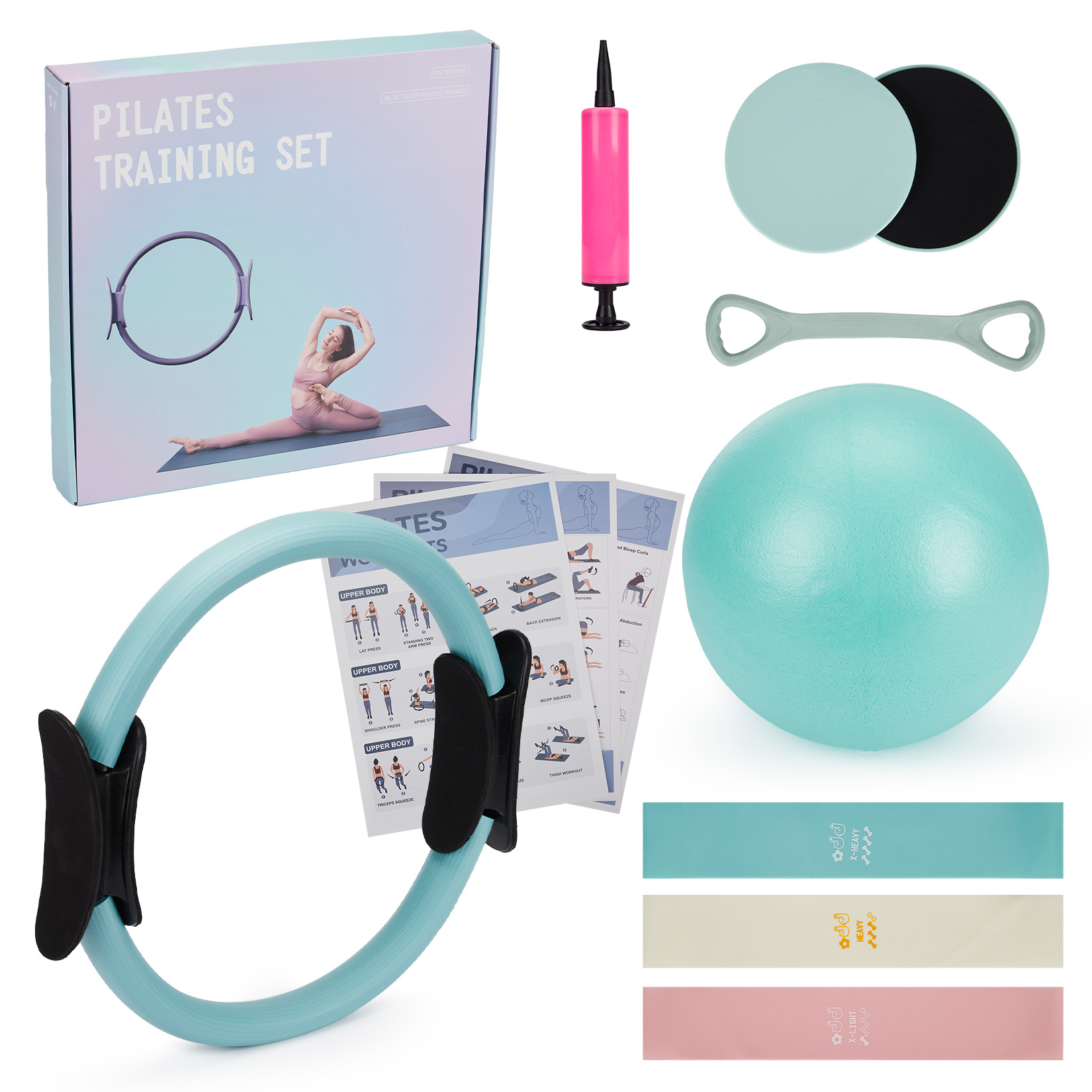Pilates Yoga Roller - ชุดฝึกพิลาทิส, ห่วงพิลาทิส 6-in-1, ลูกบอลออกกำลังกาย, สายยางยืด, อุปกรณ์สไลด์สำหรับบริหารแกนกลางลำตัว,